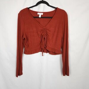 Ingrid and Isabel Ribbed Crop Long Sleeve Tie Front Cinched Orange Sz Large